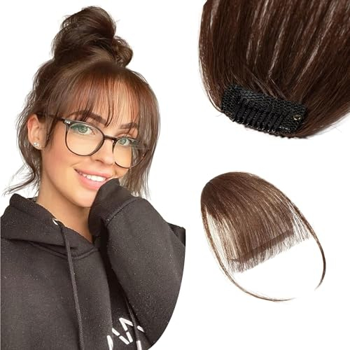 MeeQee Clip in Pony Haarverlängerung Haarteil 100% Remy Fransen Echthaarverlängerungen eine Clip-in Bangs Haarverlängerung mit Schläfen Natürliche Dünn Fringe Bang Haar für Frauen Mädchen
