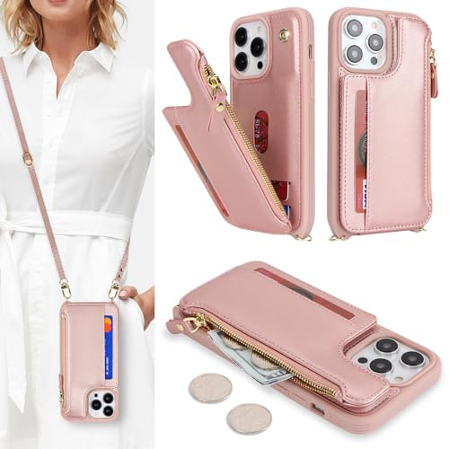 SailorTech for iPhone 15 Pro Max Phone Case with Credit Card Holder for Women, iPhone 15 Pro Max Leather Case Wallet Crossbody with Credit Card Slots Zipper Shockproof Case for Men - Rose Gold