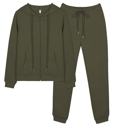 REORIA Damen Trainingsanzüge Warm Baumwolle Hausanzug Dicker Jogginganzug Set Langarmes Activewear Workout Set Sport Outfit Kapuzenpullover und lange Hose Grün L