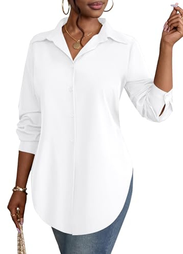 Rooscier Women's Button Down Shirts Collar V Neck Long Sleeve Slit Side Long Shirt Blouse Top Solid White Medium