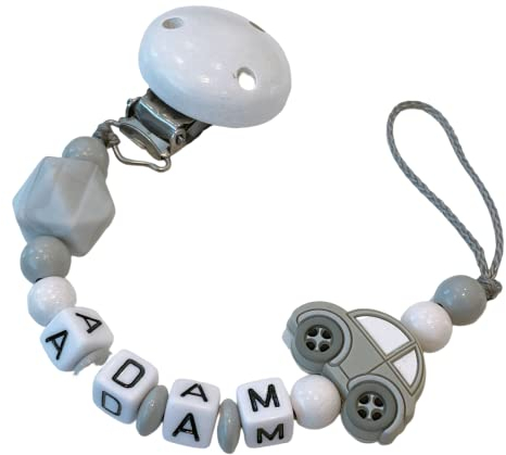 personalisierte Kette mit Namen für für Mädchen Junge Baby Geschenk personalisiert zur Geburt & Taufe große Farbauswahl süße Tiere (Grau Auto)