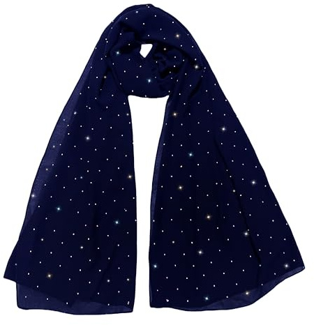 Lina & Lily Sparkle Rhinestones Women's Chiffon Scarf Shawl Head Wrap Hijab Sheer Lightweight (Navy Blue)