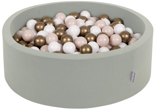 KiddyMoon Rund Bällebad Bällepool 90X30cm/200 Bälle ∅ 7Cm Ballgruben Für Babys Spielbad Kleinkinder, Salbeifarben:Pastellbeige/Weiß/Golden