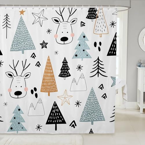 Tenda da doccia in tessuto Kawaii con renna in stile cartone animato, 183 x 182 cm (larghezza x lunghezza), tenda da bagno impermeabile disegnata a mano con albero di Natale e fiocco di neve,
