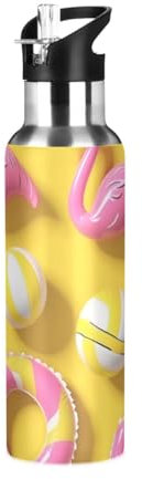 Flamingo Beach Volleyball Trinkflasche Trinkflasche mit Strohhalmdeckel Isolierte Edelstahl Thermosflasche für Jungen Mädchen Gym Sport Auslaufsicher 600ml