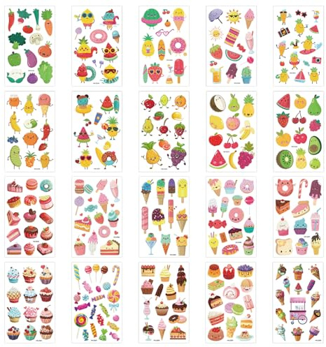 20 Sommer-Tattoo-Aufkleber, Cartoon-Aufkleber mit Glitzer, Tattoo-Aufkleber für Gemüse und Obst, Party-Tattoo-Aufkleber im Pool für Kinder