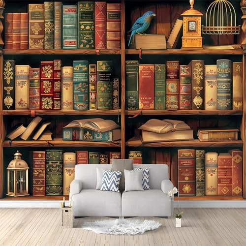 Vlies Tapete Bücherregal Im Retro-Stil Deko Wohnzimmer, Bunt Fototapete Schlafzimmer Wandtapete UV-Beständig Montagefertig 300 x 210 cm