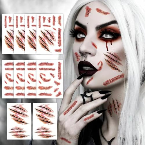 Narben Tattoo Halloween,Wunden Realistisches Motive Temporäre Halloween Tattoos Gesicht Aufkleber Scab Blut Kratzern Wasserdicht Gesichtstattoo für Halloween Accessoires,Kostüm Makeup Schminke