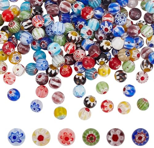 HOBBIESAY Ca.200 Stück Blumenglas Rundperlen 6mm Millefiori Lampwork Glasperlen Bunte Blumen Loseperlen Blumen Glasperlen Zur Schmuckherstellung Loch: 1mm