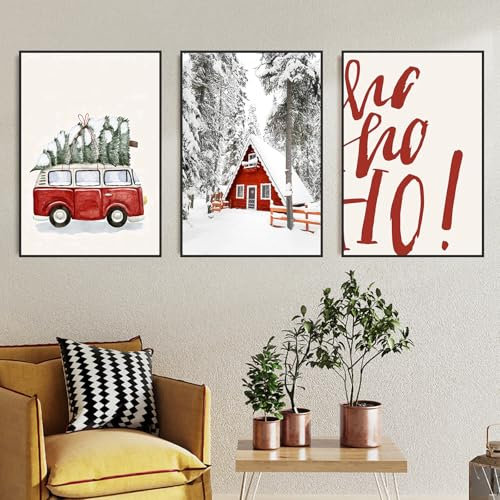 champracer 3er Weihnachten Premium Poster Moderne Wandbilder Set, Bilder Wohnzimmer Schlafzimmer Deko Rot Weihnachten Auto Schneeszene, Leinwandbilder, Ohne Rahmen (40x50 cm)