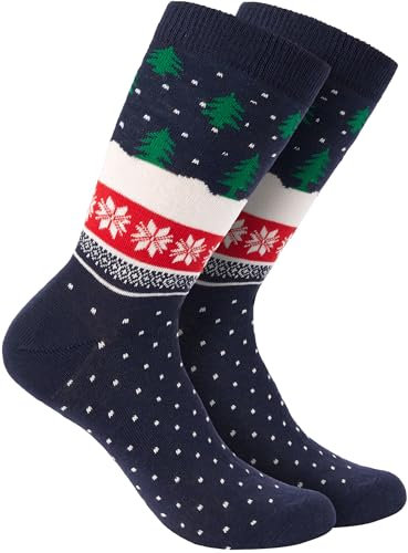 BRUBAKER 6 Paar Weihnachtssocken für Damen und Herren - Weihnachtsbaum Muster Blau - Baumwolle Socken Weihnachten - Größe 41-45
