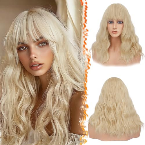 BARSDAR Mittel Lange Blond Perücke mit Pony, 46cm Gewellt Perücken mit Pony für Frauen Lockige Synthetisches Hitzebeständig Schulterlange Perücke Cosplay Party - Blond