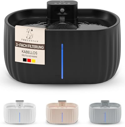 Pretty Paw© Katzenbrunnen mit Bewegungsmelder I Trinkbrunnen für Katze [KABELLOS] mit 45 Tagen Akku I Wasserbrunnen für Katzen mit Filter & 3 Liter Wassertank I Katzen Trinkbrunnen Aqua Sense Schwarz