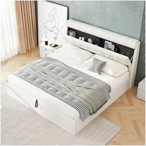 Sapgaks Lit rembourré avec tête de lit à Rangement dissimulé,lit Coffre 180x200,lit Double avec Rangement,Cadre de lit 180x200 avec sommier à Lattes,PU,Blanc