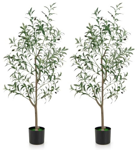 COSTWAY Olivo Artificial, Planta Artificial de 130 cm, Arbol Artificial Interior en Maceta con Frutas Realistas, Árbol Falso, Planta de Verde Interior,Decoración Moderna para Salon Porche (2, 130 cm)