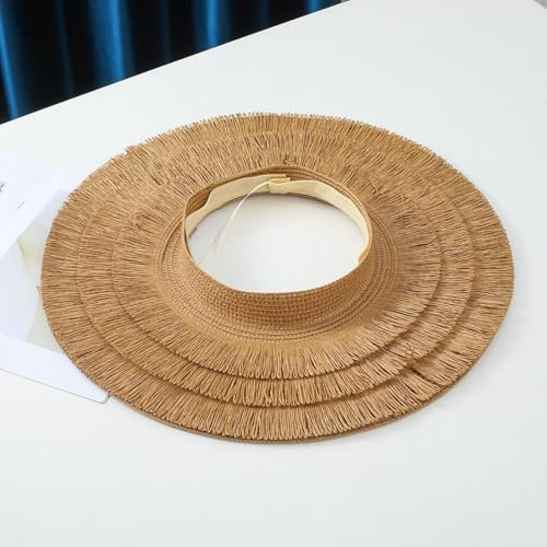 WUFANGBU Sonnenhut Strohhut Hut Damen Leere Top Quaste Strohhut Personalisiert Fransen Rand Große Traufe Sonnenhut Faltbarer Sonnenschutz Strandhut Für Frauen Einheitsgröße Khaki