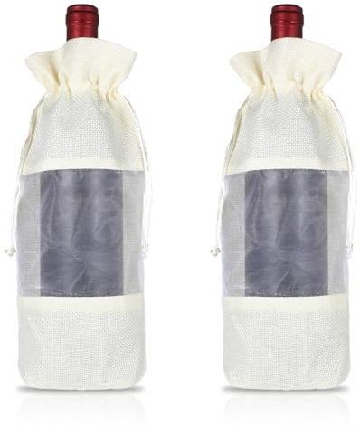 2Pcs Burlap Wine Gift Bags with Drawstrings Ropes, Reusable Jute Wine Covers with Sheer Organza Window Hessian Pouches 750ml for Weddings Holiday Party Birthdays (White, 12x4in)