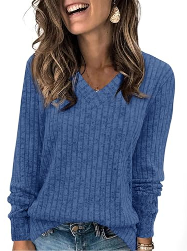 Fisoew Damen Pullover V-Ausschnitt Oversize Langarmshirt | Casual,Strickpullover,Oberteil,Loose Fit,Pulli,Oversize,Sweatshirt,Longsleeve,Bluse