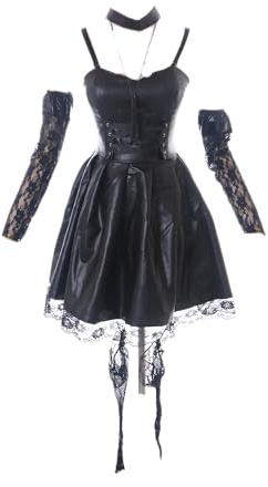 Kawaii-Story MN-219-2 Misa Amane Schwarz Kunstleder Lack Kleid mit Strümpfe 6-Teile Cosplay Kostüm (M)