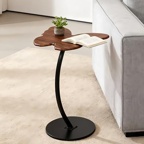 Uwenkjie Butterfly Shape Walnut Side Table - 43x33cm Wooden End Table with Curved Iron Legs, Rustic Sofa/Bedside Table for Living Room