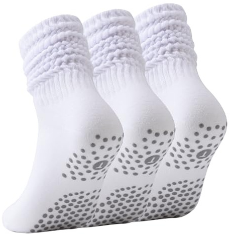Risipu 3 Paar Pilates Socken Damen, Yoga Stulpen Socken mit Anti-Rutsch Grip, Lange Scrunch Slipper Socken für Barre, Workout und Krankenhaus