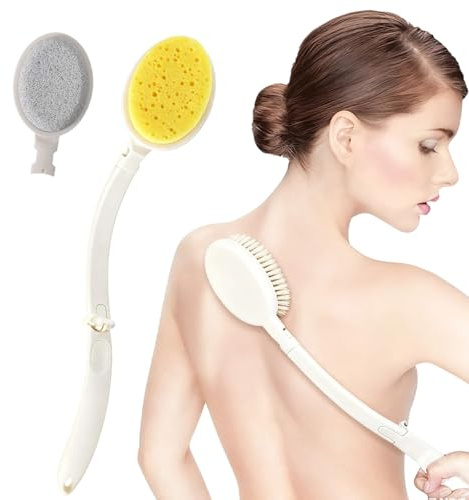 Ensemble de 4 Brosses de Bain, avec Manche Télescopique Pliable et Trois Têtes Interchangeables (Éponge, Poils en Nylon et Pierre Ponce), pour le Nettoyage, le Bain et l'Exfoliation