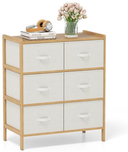 FANTASK Kommode Bambus, Schubladenschrank mit 6 faltbaren Stoffschubladen & oberem Regal, klein komodenschrank für Schlafzimmer, Flur, Natur