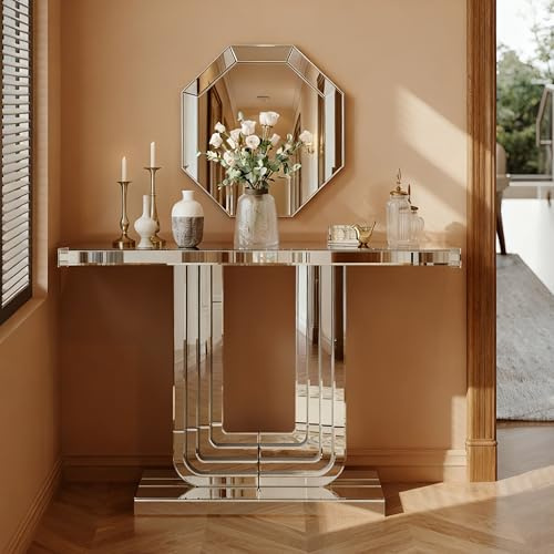 A ALFRESCOOL Konsolentisch, Frisiertische, Flurtisch, Couchtisch, Stabiler U-Form-Basis, Kratzfest & Leicht zu Reinigen, für Wohnzimmer, Schlafzimmer, Ankleideraum, 120×30×76cm (Silber)