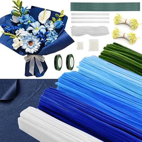 Kit Creativo de 400 Limpiapipas (5 Colores) con Alambre Floral Verde, Cinta Floral, Estambres, Cintas Decorativas y Papel de Regalo para Manualidades y Decoración de Regalos (Azul)