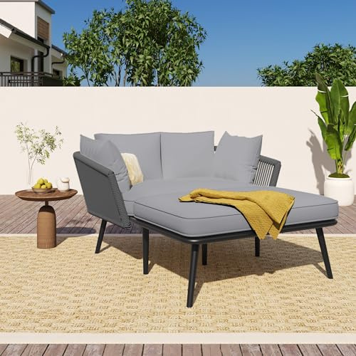 Merax Gartensofa mit 2 Kissen & Polstern, Outdoor-Sonnenliege mit abnehmbaren waschbaren Bezügen, Lounge-Möbel für Balkon & Terrasse, Grau