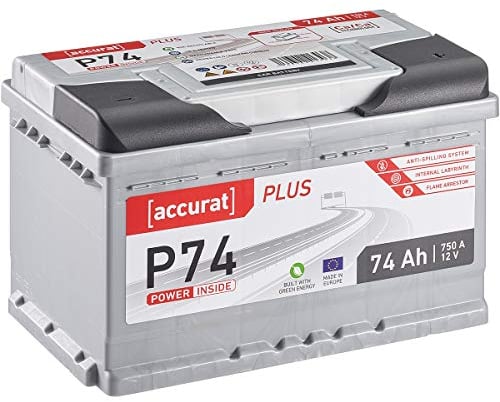 Accurat Plus P74 Autobatterie - 12V, 74Ah, 750A, zyklenfest, wartungsfrei, 35% mehr Startleistung, Ca-Technologie, Kaltstartkraft - Starterbatterie, Nassbatterie, Blei-Säure Batterie