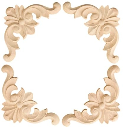 MUXSAM 4pcs Wood Carved Corner Onlay Appliques Mouldings 10x10cm | Unpainted for Custom Staining,Farmhouse Restoration,Easy Installation,Kitchen Cupboard Appliques,Vintage Fireplace Onlays