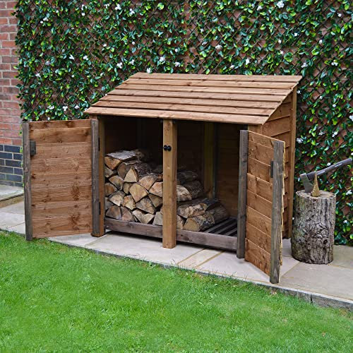 Rutland County Garden Furniture Cottesmore 4ft Tall Log Store/Garden Storage Heavy Duty Pressure Treated Timber With Forward Sloping Roof (Solid Log Store With Door, Rustic Brown)