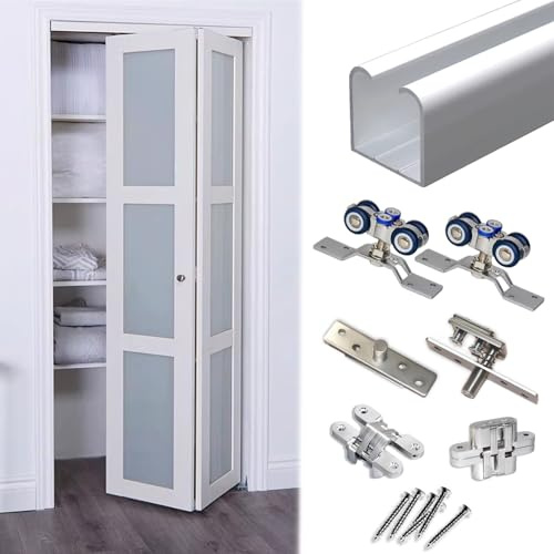 Vibeo Rail Porte Coulissante Kit de Quincaillerie pour Porte Pliante de Placard, Rail de Porte Coulissante de Grange pour Deux Portes, Système de Rail de Porte en Bois(80cm/31in)