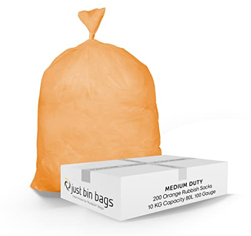 Rubbish Bags 80l Medium Duty Various Coloured Refuse Sacks Bin Liners - 100 Gauge, 25 Micron, Weight Capacity 10kg - 45cm x 72cm x 97cm (200 Bags) (Orange)