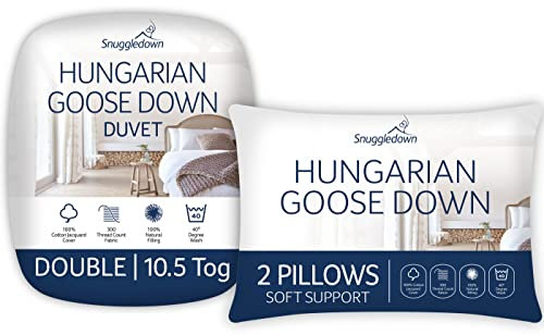Snuggledown Hungarian Goose Down Double Duvet - 10.5 Tog All Year Round Premium Quilt Ideal for Summer & Winter, 2 Soft Pillows - Jacquard Cotton Cover, Machine Washable, Size (200cm x 200cm)