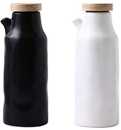 OnePine 2Pcs Ceramic Oil Dispenser Bottle, 400ml Oil Bottle Cruets No Drip, Oil Container for Olive, Condiment Container with Lid