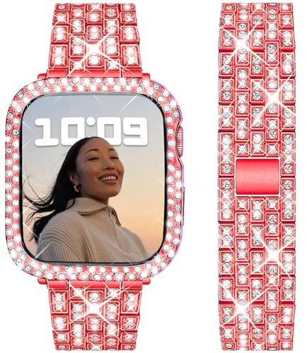 DEALELE Cinturino Compatibile con iWatch 40mm 41mm, Bracciale di Ricambio in Metallo Diamanti Strass con Custodia Protettiva per Apple Watch Series 7 / SE / 6/5 / 4 Donne Uomini, Rosso, 41mm