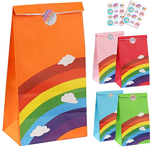 LUERFUN Papiertüten 20 Stück Bunte Geschenktüten, Papier Candy Tüten Regenbogen Partytüte mit 20 Aufklebern zum Verpacken von Geschenken Kindergeburtstag, Giveaways, Hochzeit,Party (Rainbow Color)