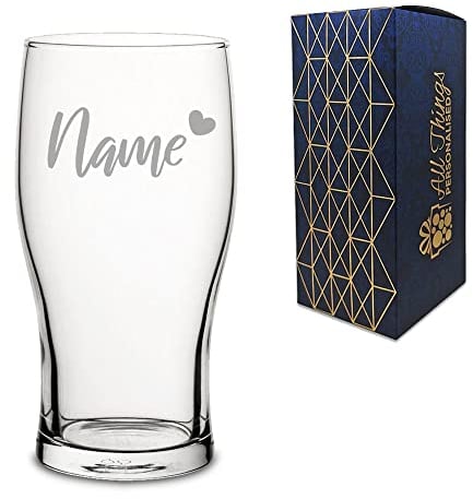 Personalised Engraved Pint Glass with Name and Heart Design, Gift Boxed, Personalise with Any Name