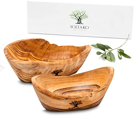 SOLTAKO Cuenco de Madera de Olivo - Juego de 2 Cuencos para Salsa Ketchup, Snacks y Aperitivos - Juego de 2 Cestas Pequeñas para Servir - Cuencos de Madera de Olivo - aprox. 14x4,5 cm