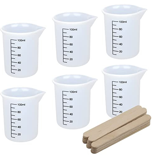 KINBOM 6Pcs 100ML Mischbecher Epoxidharz Silikon Messbecher Set für Harz, Messbecher Epoxidharz Flexibler DIY Harzbecher Messen Handgemachtes Handwerk Gießen Epoxidharz mit 20 Stück Holzrührern