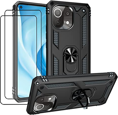 JOYTAG Hülle für Xiaomi Mi 11 Lite/Mi 11 Lite 5G Hülle，handyHülle+ Gehärtetes Glas Schutzfolie [2 Stück] Silikon TPU 360 Grad Drehring aus Halter magnetisch Autotelefon case-Schwarz