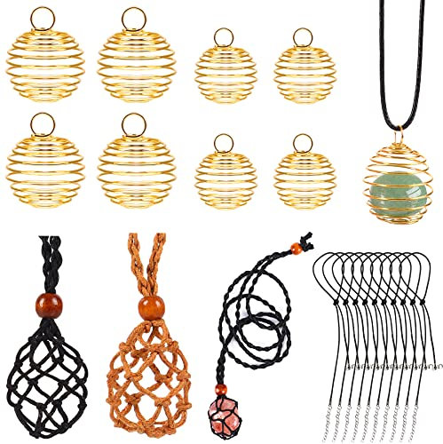 2Pcs Crystal Necklace Cord Empty Stone Holder Adjustable Hand-Woven Quartz Stone Netted Necklace Cord 8Pcs Gold Spiral Bead Cages Pendants and 10Pcs Black Wax Ropes for DIY Crafts (Gold)