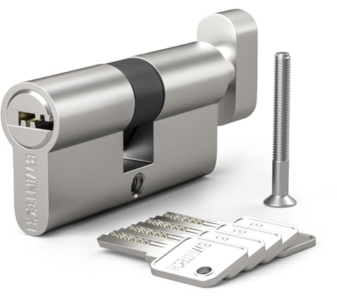 Bwintech 1 Stück 50T/50mm Euro Messingzylinder, 100mm Drehknauf/Schlüsselschloss mit 5 horizontalen Messingschlüsseln,Anti Picking,Anti Bohr,Anti Snap,Anti Bumping, Satin Nickel Finish