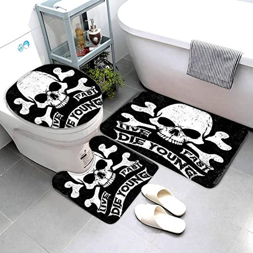 AOLIGL Badematte Skelett Totenkopf Gothic Schwarz Badematten Set rutschfest Waschbar Badgarnitur 3teilig - WC Deckelbezug U-förmigen Contour Badezimmerteppich Matte Flauschige