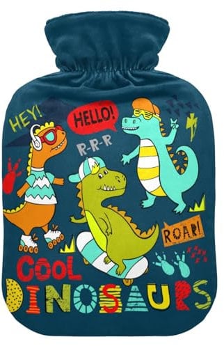 Hot Water Bottle with Soft Velvet Cover Hand Drawing Dinosaurs Hot Water Bag for Pain Relief Hot and Cold Compress Body Bed Warmer 2L