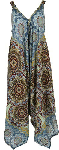 GURU SHOP Boho Jumpsuit, Mandala Sommer Overall, Oversize Strand Hosenkleid - Türkisblau, Damen