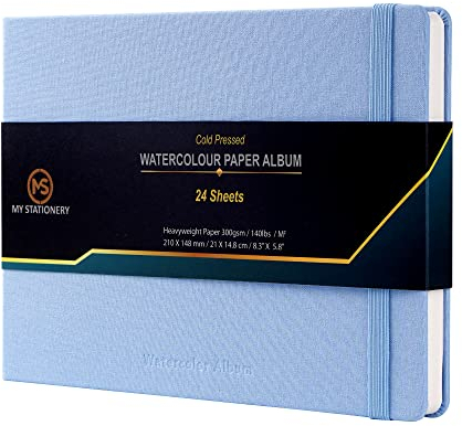 A5 Aquarellblock, kaltgepresstes Skizzenbuch, Leinenstoff, Hardcover, Fadenbindung, Album, 300 g/m², 100 % Baumwolle, elfenbeinfarbenes Papier, Skizzenbuch, 24 Blatt, himmelblauer Einband
