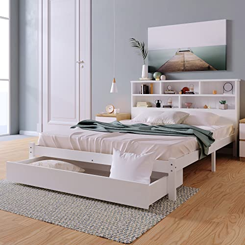 Merax Kinderbett Doppelbett mit Schubladen und Lattenrost, Funktionsbett mit Bücherregal Ablage für Jungen und Mädchen, Stabil Multifunktionsholz Jugendbett, 140x200cm, Weiß